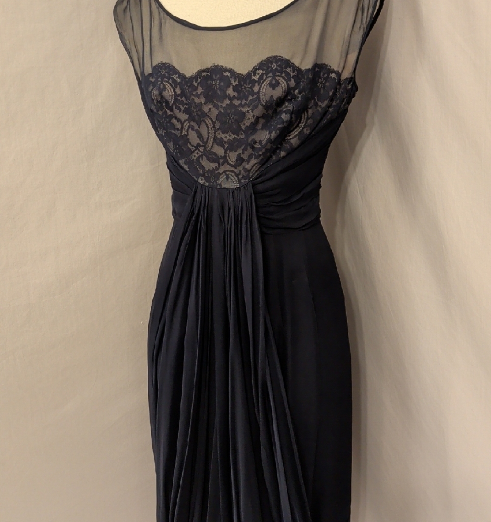 40s 50s Elegant Navy Sheer Lace Yoke Chiffon Drapef Bubble Hem Cocktail Dress - Picture 2 of 16